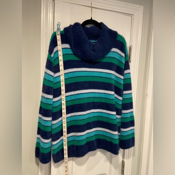 Lands End Size M Blue Stripe Fuzzy Cowl Neck Long Sleeve Pullover Sweater - Picture 7 of 11